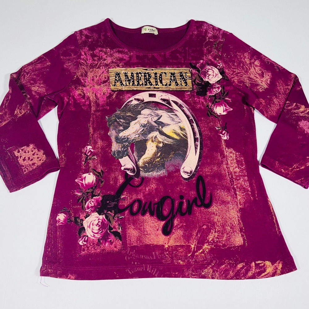 Cactus American Cowgirl Shirt M Pink Horse Rhinestone Y2K Western Long Sleeve